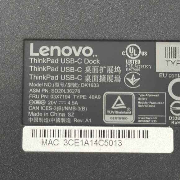 LENOVO  THINKPAD USB-C DOCK  MODEL:DK1633 doc only - Picture 2 of 5